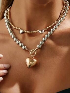 2Pc Two Tone Heart Necklace Set Gold Silver Layered Y2K Choker Beaded